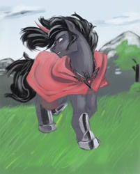 Size: 540x670 | Tagged: safe, artist:aragarh, imported from derpibooru, king sombra, pony, alicorn amulet, cape, clothes, grass, male, red eyes, solo