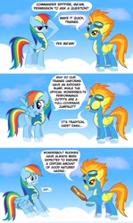 Size: 1788x2994 | Tagged: safe, artist:ginger fig, imported from derpibooru, rainbow dash, spitfire, wonderbolts academy, clothes, cloud, cloudy, comic, hazing, hilarious in hindsight, imminent spanking, implied spanking, paddle, uniform, wonderbolt trainee uniform, wonderbolts, wonderbolts uniform