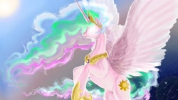 Size: 1360x768 | Tagged: safe, artist:finalchara, imported from derpibooru, princess celestia, pony, female, glowing eyes, rearing, solo