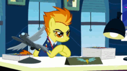 Size: 640x360 | Tagged: safe, edit, edited screencap, imported from derpibooru, screencap, spitfire, wonderbolts academy, animated, clothes, deal with it, desk, female, image macro, necktie, office, spitfire's office, uniform, window, wonderbolts dress uniform