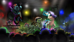 Size: 1900x1080 | Tagged: safe, artist:ponyrake, imported from derpibooru, applejack, fluttershy, pinkie pie, rainbow dash, rarity, twilight sparkle, earth pony, pegasus, pony, unicorn, concert, crowd, drum kit, drums, flying v, guitar, keyboard, mane six, microphone, musical instrument, stage, tambourine