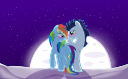 Size: 4867x3035 | Tagged: dead source, safe, artist:sparkle-bubba, imported from derpibooru, rainbow dash, soarin', moon, romantic, shipping, snow, soarindash