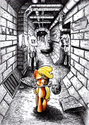 Size: 3486x4881 | Tagged: safe, artist:smellslikebeer, imported from derpibooru, applejack, oc, coming at you, crosshatch, denial, eyes closed, filly, ink, it's coming right at us, manehattan, mouth hold, partial color, scared, traditional art