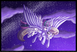 Size: 900x612 | Tagged: safe, artist:inuhoshi-to-darkpen, imported from derpibooru, blossomforth, cloud kicker, fanfic:the life and times of a winning pony, winningverse, blossomforth riding cloud kicker, cloudforth, ear fluff, female, flying, lesbian, night, ponies riding ponies, riding, shipping, unshorn fetlocks