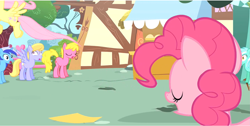 Size: 1599x803 | Tagged: safe, imported from derpibooru, screencap, cloud kicker, fluttershy, lyra heartstrings, minuette, pinkie pie, griffon the brush off, season 1, wat