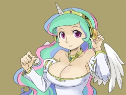 Size: 1024x768 | Tagged: safe, artist:shepherd0821, imported from derpibooru, princess celestia, human, alicorn humanization, bare shoulders, big breasts, breasts, busty princess celestia, cleavage, colored pupils, cute, cutelestia, female, headphones, horned humanization, humanized, looking at you, smiling, solo, winged humanization