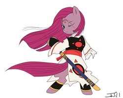 Size: 1800x1434 | Tagged: safe, artist:falord, artist:johnjoseco, edit, imported from derpibooru, pinkie pie, baiken, colored, crossover, guilty gear, pinkamena diane pie