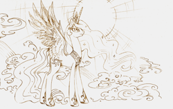 Size: 2855x1788 | Tagged: dead source, safe, artist:matrosha123, imported from derpibooru, princess celestia, pony, female, monochrome, smiling, solo, sun