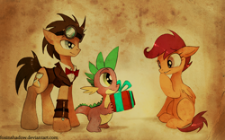 Size: 900x563 | Tagged: safe, artist:foxinshadow, imported from derpibooru, doctor whooves, scootaloo, spike, time turner