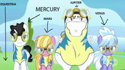 Size: 640x360 | Tagged: safe, imported from derpibooru, bulk biceps, cloudchaser, meadow flower, mercury, roid rage, starry eyes (character), wonderbolts academy, astronomy, planet, sailor senshi, wonderbolt trainee uniform