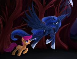 Size: 1290x989 | Tagged: safe, artist:aurarrius, imported from derpibooru, princess luna, scootaloo, forest, moon, night, tree