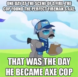 Size: 400x396 | Tagged: safe, edit, edited screencap, imported from derpibooru, screencap, whiplash, pegasus, pony, wonderbolts academy, axe cop, clipboard, clothes, cropped, glasses, hat, hoof hold, male, police officer, short tail, stallion, uniform