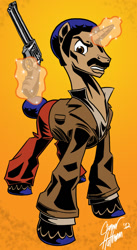Size: 661x1208 | Tagged: safe, artist:ceehoff, imported from derpibooru, pony, unicorn, black dynamite, clothes, crossover, gun, ponified, revolver