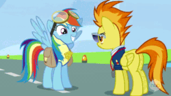 Size: 640x360 | Tagged: safe, imported from derpibooru, screencap, rainbow dash, spitfire, pegasus, pony, wonderbolts academy, animated, butt, clothes, duo, female, gif, goggles, happy, lead pony badge, loop, mare, plot, sunglasses, uniform, wings, wonderbolt trainee uniform, wonderbolts dress uniform