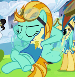 Size: 468x480 | Tagged: safe, imported from derpibooru, screencap, lightning dust, mercury, milky way, rainbow dash, starry eyes (character), sunshower raindrops, wild fire, pegasus, pony, wonderbolts academy, animated, clothes, crossed legs, dreamworks face, female, goggles, hoofbump, lead pony badge, mare, solo focus, uniform, wonderbolt trainee uniform