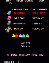 Size: 672x864 | Tagged: safe, artist:anonycat, edit, imported from derpibooru, igneous rock pie, limestone pie, marble pie, pinkie pie, cute, desktop ponies, fikky, foal, limabetes, marblebetes, pac-man, pie family, pun