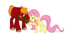 Size: 1560x885 | Tagged: safe, artist:littlegenius13, imported from derpibooru, big macintosh, fluttershy, earth pony, pony, caramel apple (food), fluttermac, male, shipping, stallion