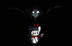 Size: 1090x700 | Tagged: safe, artist:carnifex, imported from derpibooru, oc, oc only, oc:stripey butts, black background, bow, clothes, creepy, duo, hair bow, scared, scarf, simple background, spread wings