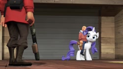 Size: 1920x1080 | Tagged: safe, artist:narox22, imported from derpibooru, rarity, human, pony, unicorn, 2fort, 3d, female, gmod, gun, humans riding ponies, little jack, male, mare, riding, shotgun, soldier, team fortress 2, weapon