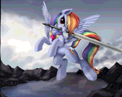 Size: 625x500 | Tagged: safe, artist:php58, artist:ponykillerx, deleted from derpibooru, imported from derpibooru, rainbow dash, animated, badass, element of loyalty, sword