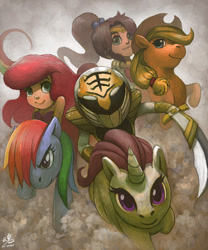 Size: 600x721 | Tagged: safe, artist:ry-spirit, imported from derpibooru, applejack, rainbow dash, rarity, anime, ariel, crossover, gosei sentai dairanger, humans riding ponies, kibaranger, kino makoto, mighty morphin power rangers, power rangers, riding, sailor jupiter, sailor moon, super sentai, the little mermaid, white ranger