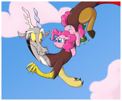 Size: 600x496 | Tagged: safe, artist:feujenny07, imported from derpibooru, discord, pinkie pie, draconequus, earth pony, pony, cloud, cute, daytime, discopie, duo, duo male and female, eye contact, female, flying, frown, hug, looking at each other, looking at someone, male, mare, pouting, shipping, sky, teeth
