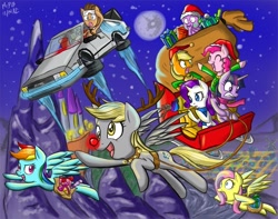Size: 800x629 | Tagged: safe, artist:morrisoncamaro, imported from derpibooru, applejack, derpy hooves, doctor whooves, fluttershy, pinkie pie, rainbow dash, rarity, spike, time turner, twilight sparkle, pegasus, pony, back to the future, canterlot, car, christmas, crossover, delorean, female, flying car, mane seven, mane six, mare