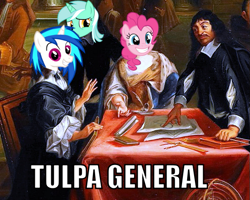 Size: 581x464 | Tagged: safe, imported from derpibooru, dj pon-3, lyra heartstrings, pinkie pie, vinyl scratch, 4chan, rené descartes, tulpa general