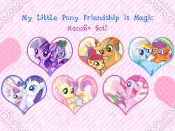 Size: 640x480 | Tagged: safe, artist:shimabo, imported from derpibooru, angel bunny, apple bloom, applejack, fluttershy, gummy, pinkie pie, rainbow dash, rarity, scootaloo, spike, sweetie belle, twilight sparkle, alligator, dragon, earth pony, pegasus, pony, rabbit, unicorn, animal, apple bloom's bow, applejack's hat, blushing, bow, confetti, cowboy hat, cutie mark crusaders, glowing, glowing horn, hair bow, hat, heart, horn, magic, mane seven, mane six, pixiv, scootalove, stetson, telekinesis