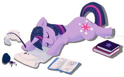 Size: 700x433 | Tagged: safe, artist:growlylobita, imported from derpibooru, twilight sparkle, pony, unicorn, book, eyes closed, female, ink, inkwell, mare, prone, quill, scroll, sleeping, smiling, solo, unicorn twilight