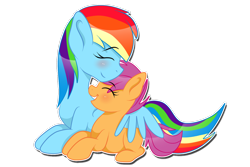 Size: 1600x1067 | Tagged: safe, artist:pastelflakes, imported from derpibooru, rainbow dash, scootaloo, pegasus, pony, blushing, duo, duo female, eyes closed, female, hug, scootalove, wing blanket, winghug, wings