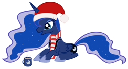 Size: 1000x540 | Tagged: safe, artist:whitesylver, imported from derpibooru, princess luna, pony, cup, female, hat, prone, santa hat, simple background, solo