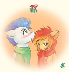 Size: 1280x1340 | Tagged: dead source, safe, artist:spittfireart, imported from derpibooru, soarin', spitfire, blushing, clothes, female, male, mistletoe, now kiss, scarf, shipping, soarinfire, straight