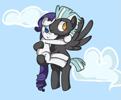 Size: 847x700 | Tagged: safe, artist:happyendingfactory, imported from derpibooru, rarity, thunderlane, pegasus, pony, unicorn, blushing, female, hug, male, mare, rarilane, shipping, stallion, straight