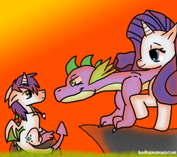 Size: 900x800 | Tagged: safe, artist:runodragon, imported from derpibooru, rarity, spike, dracony, hybrid, original species, dragicorn, female, interspecies offspring, male, offspring, older, older spike, parent:rarity, parent:spike, parents:sparity, shipping, sparity, straight