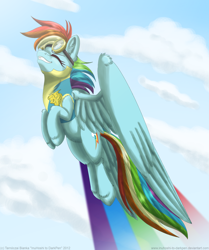 Size: 900x1077 | Tagged: safe, artist:inuhoshi-to-darkpen, imported from derpibooru, rainbow dash, ear fluff, eyes closed, flying, legs together, unshorn fetlocks, wonderbolt trainee uniform