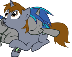 Size: 1000x799 | Tagged: safe, artist:slowlearner46, imported from derpibooru, oc, oc only, oc:homage, oc:littlepip, pony, unicorn, fallout equestria, clothes, cutie mark, eyes closed, fallout, fanfic, fanfic art, female, hooves, horn, lesbian, lying down, mare, oc x oc, pipbuck, pipmage, prone, shipping, show accurate, simple background, smiling, transparent background