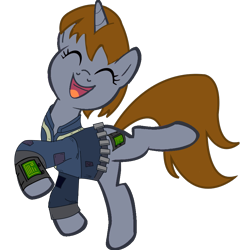 Size: 880x908 | Tagged: safe, artist:slowlearner46, imported from derpibooru, oc, oc only, oc:littlepip, pony, unicorn, fallout equestria, clothes, cutie mark, eyes closed, fallout, fanfic, fanfic art, female, happy, hooves, horn, jumpsuit, mare, open mouth, pipbuck, show accurate, simple background, solo, transparent background, vault suit