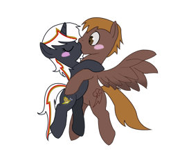 Size: 900x847 | Tagged: safe, artist:slowlearner46, imported from derpibooru, oc, oc only, oc:calamity, oc:velvet remedy, pegasus, pony, unicorn, fallout equestria, blushing, brand, branding, dashite, eyes closed, fallout, fanfic, fanfic art, female, hat, hooves, horn, kissing, male, mare, simple background, spread wings, stallion, transparent background, velamity, wings