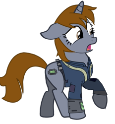 Size: 778x837 | Tagged: safe, artist:slowlearner46, imported from derpibooru, oc, oc only, oc:littlepip, pony, unicorn, fallout equestria, clothes, cutie mark, fallout, fanfic, fanfic art, female, floppy ears, hooves, horn, jumpsuit, mare, open mouth, pipbuck, show accurate, simple background, solo, transparent background, vault suit