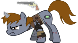 Size: 900x492 | Tagged: safe, artist:slowlearner46, imported from derpibooru, oc, oc only, oc:littlepip, pony, unicorn, fallout equestria, blood, cutie mark, fallout, fanfic, fanfic art, female, glowing horn, gun, handgun, hooves, horn, levitation, little macintosh, magic, mare, pipbuck, raider, revolver, show accurate, simple background, solo, telekinesis, transparent background, weapon