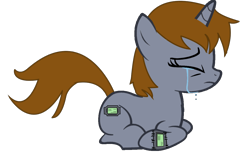 Size: 1216x750 | Tagged: safe, artist:slowlearner46, imported from derpibooru, oc, oc only, oc:littlepip, pony, unicorn, fallout equestria, crying, cutie mark, eyes closed, fallout, fanfic, fanfic art, female, hooves, horn, mare, pipbuck, pipleg, show accurate, simple background, solo, transparent background