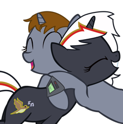 Size: 1900x1916 | Tagged: safe, artist:slowlearner46, imported from derpibooru, oc, oc only, oc:littlepip, oc:velvet remedy, pony, unicorn, fallout equestria, cutie mark, eyes closed, fallout, fanfic, fanfic art, female, hooves, horn, hug, mare, open mouth, pipbuck, show accurate, simple background, smiling, teeth, transparent background