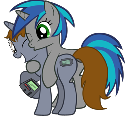 Size: 2559x2379 | Tagged: safe, artist:slowlearner46, imported from derpibooru, oc, oc only, oc:homage, oc:littlepip, pony, unicorn, fallout equestria, clothes, cutie mark, fallout, fanfic, fanfic art, female, hooves, horn, hug, lesbian, mare, oc x oc, one eye closed, open mouth, pipbuck, pipmage, raised hoof, shipping, show accurate, simple background, transparent background