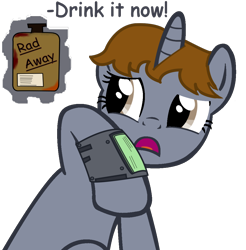 Size: 1024x1041 | Tagged: safe, artist:slowlearner46, imported from derpibooru, oc, oc only, oc:littlepip, pony, unicorn, fallout equestria, comic, fallout, fanfic, fanfic art, female, mare, open mouth, pipbuck, radaway, show accurate, simple background, solo focus, transparent background