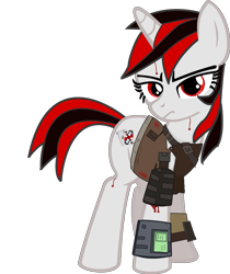 Size: 819x975 | Tagged: safe, artist:slowlearner46, imported from derpibooru, oc, oc only, oc:blackjack, pony, unicorn, fallout equestria, fallout equestria: project horizons, blood, fanfic, fanfic art, female, hooves, horn, mare, pipbuck, raider, simple background, solo, transparent background, vector