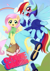 Size: 637x900 | Tagged: safe, artist:aruurara, imported from derpibooru, fluttershy, pinkie pie, rainbow dash, anthro, unguligrade anthro, picnic basket, rainbow