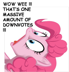 Size: 598x624 | Tagged: safe, imported from derpibooru, pinkie pie, !!!, all caps, bust, downvote, english, eyes open, looking up, meta, open mouth, portrait, shocked, shrunken pupils, simple background, solo, surprised, text, voting irony, white background