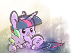 Size: 422x311 | Tagged: safe, artist:th351, imported from derpibooru, spike, twilight sparkle, unicorn, :d, beady eyes, chibi, cuddling, duo, full body, happy, lying down, open mouth, open smile, prone, sleeping, smiling, unicorn twilight