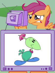 Size: 563x752 | Tagged: safe, imported from derpibooru, scootaloo, pony, exploitable meme, gogo dodo, meme, scootadodo, tiny toon adventures, tv meme